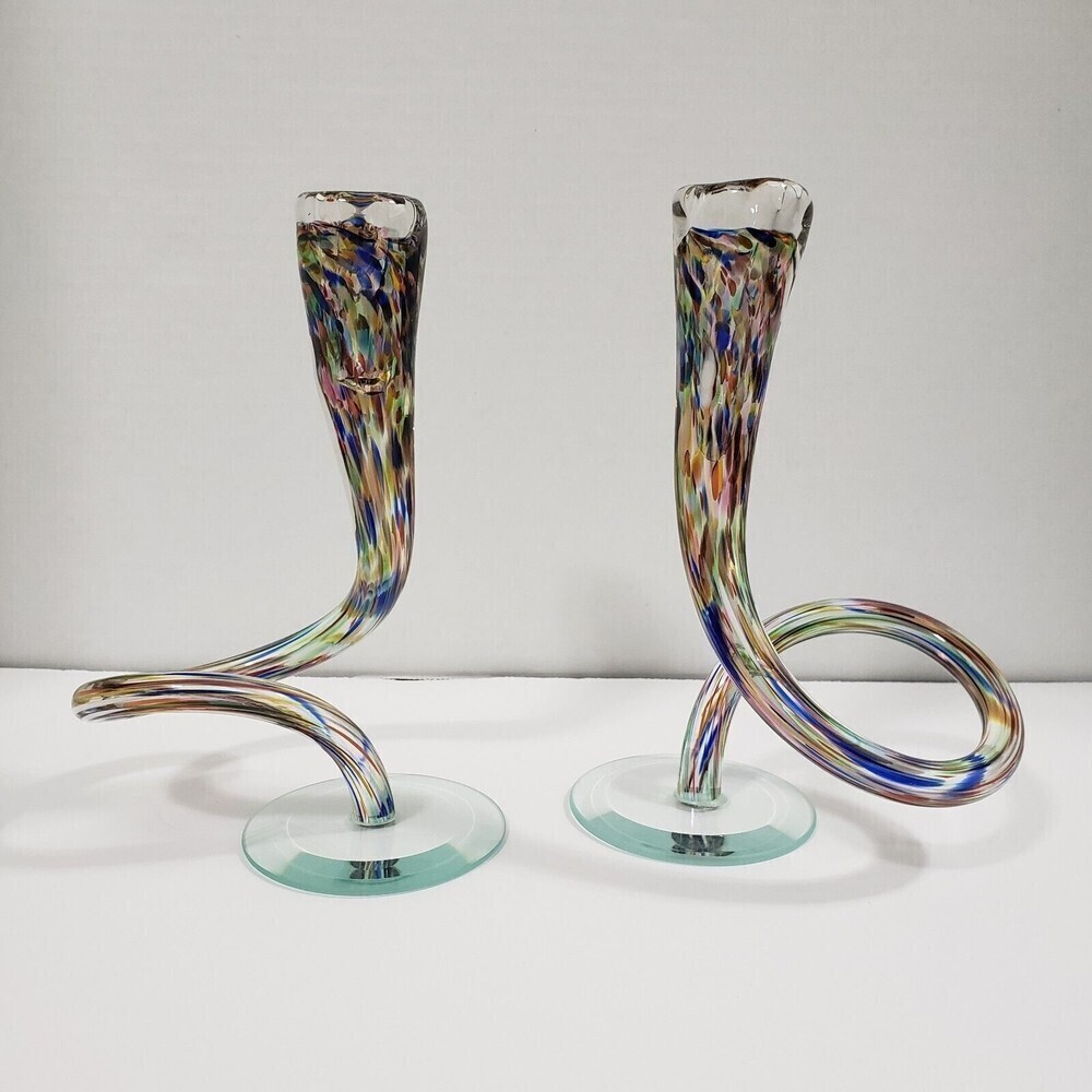 Vintage Candlesticks Hand Blown Michael Hudson Twisted Glass Confetti Set of 2 - Picture 15 of 15